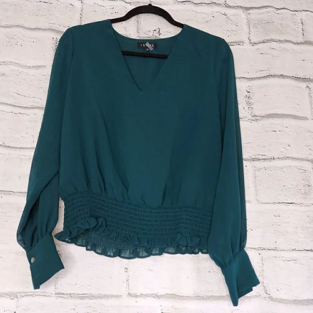 1.State Women's Small Cypress Green Long Sleeve V-Neck Smocked Waist Blouse